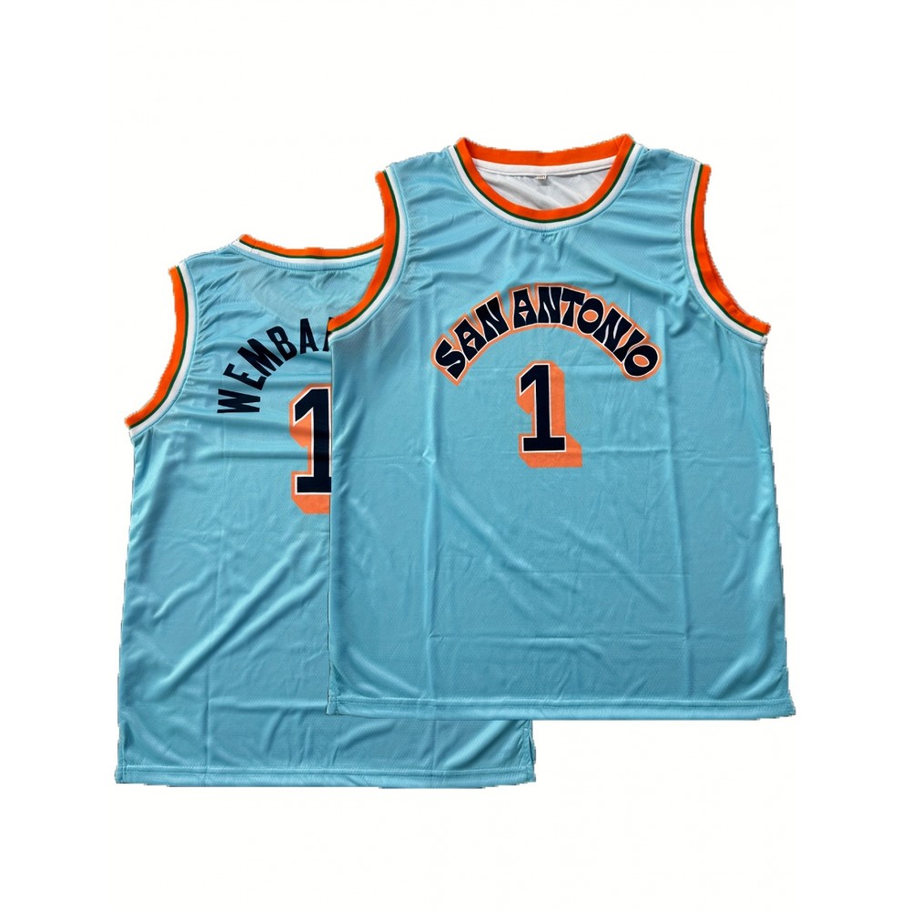 Men's #1 Sky Blue Basketball Jersey - Embroidered, Loose Fit, Micro-Elastic Polyester, Round Neck, Sizes S-XXXL - Ideal for Team Sports, Casual Wear & Training, Sports Jersey|Sporty Look|Polyester Fabric, Best for Christmas