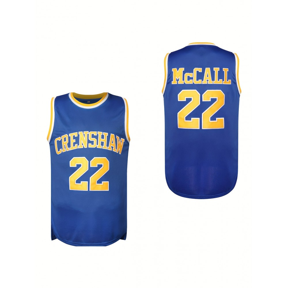 Crenshaw 22 McCall Men's Basketball Jersey, V-Neck Polyester Sports Vest with Embroidery, Blue and Yellow, Sizes S-3XL