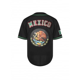 1pc Mexico Men'S V-Neck Baseball Jersey - Breathable Polyester Sports Top with Lettering and Emblem, Casual Loose-Fit for Training and Beachwear, Available in Black, White, and Red