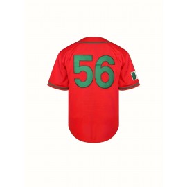 1pc Men'S Mexico #56 Baseball Jersey - V-Neck, Short Sleeve, Embroidered, Breathable Polyester, Lightweight, Moisture-Wicking, Ergonomic Design, Button Closure - Sports & Casual Wear for Four Seasons