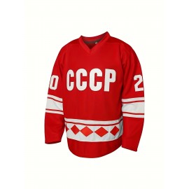 Vintage Style 1980 Ice Hockey Jersey - #20 Tretiak Inspired, Long Sleeve, V-Neck, Breathable Polyester Knit Fabric, Embroidered Letter & Number Pattern, Loose Fit Sports Top for Casual or Team Events, All Seasons - Red