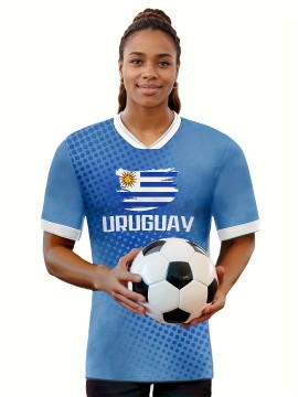 Women's Large Size Professional Sports Fabric Creative Pattern Print Uruguay Home Soccer Jersey T-shirt, Soccer Jersey Flag Uniforms Shirts Breathable And Lightweight, Moisture-Wicking, As Gifts For Sports Fans
