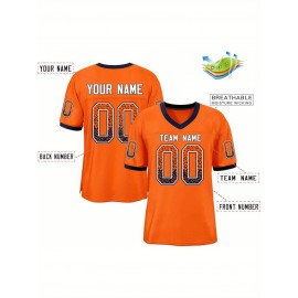 Customizable Plus Size Football Jersey - Personalized Name & Number, Vibrant Orange & White Striped Design, V-Neck Short Sleeve for Women'S Outdoor Sports, Team Uniforms, Summer Athletic Wear, Sporty Clothing, Durable Sportswear