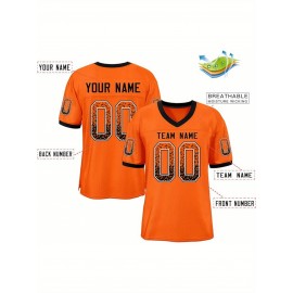 Customizable Plus Size Football Jersey - Personalized Name & Number, Vibrant Orange & White Striped Design, V-Neck Short Sleeve for Women'S Outdoor Sports, Team Uniforms, Summer Athletic Wear, Sporty Clothing, Durable Sportswear