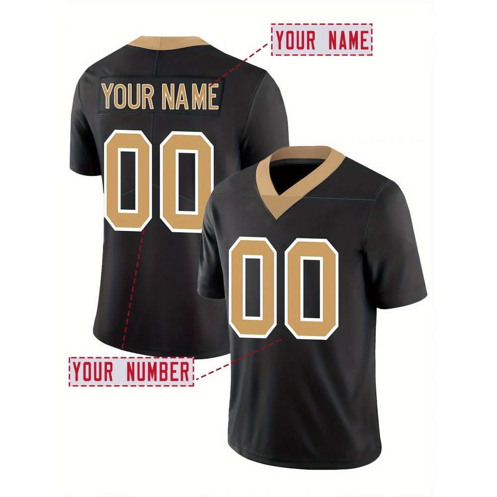 Customizable Women'S Football Jersey - Personalized Name & Number, Breathable V-Neck Design, Comfort Fit for Outdoor Sports, Black with Golden Accents, Summer Activewear, Sporty Clothing, Durable Sportswear