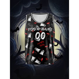 Customized Name And Number Boy's Basketball Sports Vest, Halloween Theme Ghost And Bat Pattern Print Breathable Vest For Game Team Training Outdoor Sports Running Workout