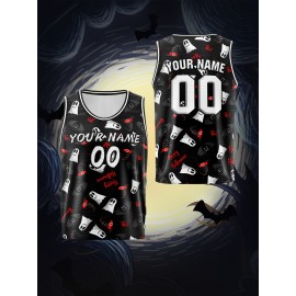 Customized Name And Number Boy's Basketball Sports Vest, Halloween Theme Ghost And Bat Pattern Print Breathable Vest For Game Team Training Outdoor Sports Running Workout