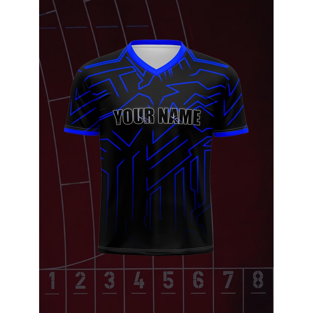 Customizable Youngsters' Soccer Jersey - V-Neck, Personalized Name & Number, Comfortable Polyester Sports Top in Black with Blue Accents for Boys & Girls - Ideal for Outdoor Activities & Training