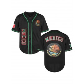 1pc Mexico Men'S V-Neck Baseball Jersey - Breathable Polyester Sports Top with Lettering and Emblem, Casual Loose-Fit for Training and Beachwear, Available in Black, White, and Red