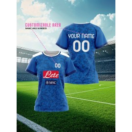 Customizable Women'S Plus Size Football Jersey - Personalized Team Name & Number, Breathable Outdoor Sports Shirt with Vibrant Blue & Pink Geometric Design, Perfect for Soccer Fans, Soccer Fan Apparel | Vibrant Jersey Design | Durable Fabric Shirt